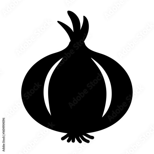 Silhouette of an onion showing its shape, roots and green shoots