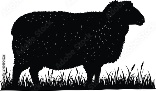 Sheep silhouette grazing in field, peaceful farm scene, black and white vector illustration, nature concept art, livestock pasture animal design