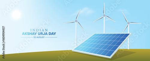 Indian akshay urja day August 20 solar panel with windmill vector poster