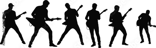 Silhouette guitarists performing, electric guitar concert, live music show, rock band energy, black and white stage, musical passion, night event