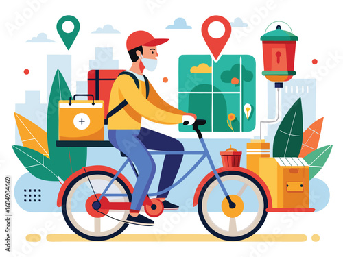Delivery person on bicycle with thermal bag and packages mask