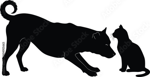 Silhouette of dog and cat facing each other, black and white vector art, pet interaction, animal behavior, companionship, contrast style