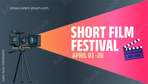 short film festival web banner vector illustration with clap board and digital movie camera
