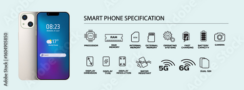  Mobile phone specification Flat icons set with realistic smartphone vector illustration