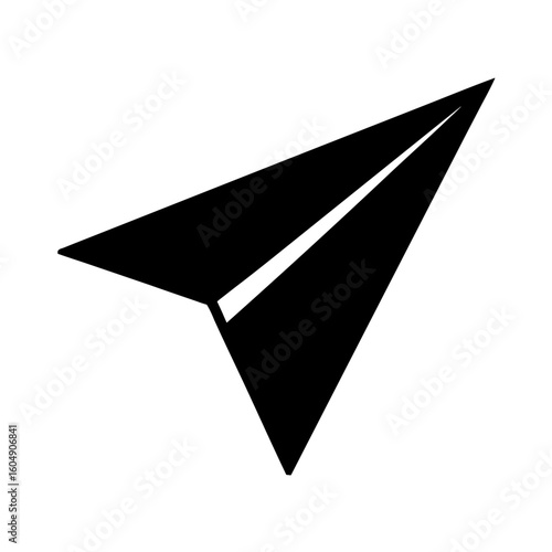 Sleek black paper airplane soars upward against a crisp white backdrop of innovation