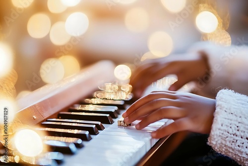 A Magical Moment: A Child's Hands Delicately Playing the Piano Surrounded by Warm, Ethereal Bokeh Lights