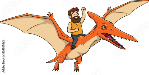 Adventure ride cad drawing flat vector illustration, cartoon man flying triumphantly on pterodactyl with yellow shirt and raised fist gesture