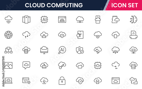 Cloud and quantum computing vector line icons featuring servers, data clouds, qubits, circuits, algorithms, networks, processing, security, and futuristic technology elements.
