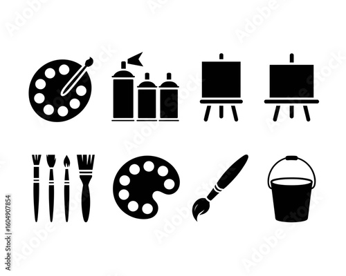 Collection of art supplies including paintbrushes palettes spray cans easels and a bucket silhouette isolated on white background