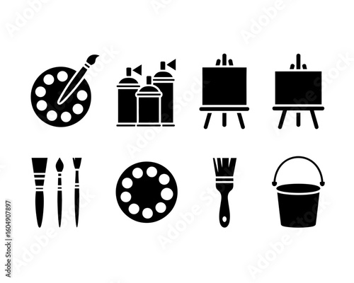 Collection of art supplies and tools silhouette icons isolated on white background