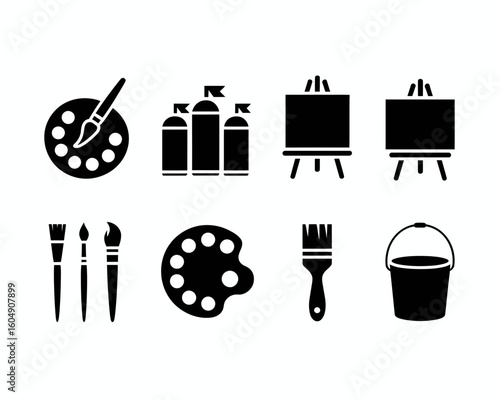 Collection of art supplies including paintbrushes easels palettes spray cans and bucket silhouette isolated on white background