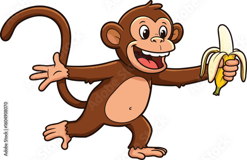 Banana monkey cad drawing flat vector illustration, cartoon brown primate standing with curved tail holding peeled fruit and joyful mouth gesture