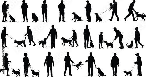 Silhouetted pet owners walking dogs, outdoor training session, diverse companionship, leash discipline, canine behavior, bonding moments, sunset background, active lifestyle