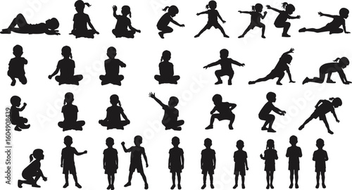 Silhouettes of children in various seated and active poses, playful moments, educational concept, vector design, black illustration, white background
