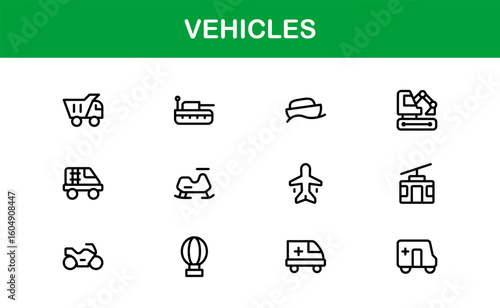 Automotive Vehicles Modern Professional Line Icon Set – Premium Vector Collection Featuring Cars, Trucks, Motorbikes, EVs, Buses, and Transport Symbols