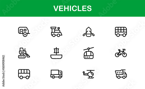 Automotive Vehicles Modern Professional Line Icon Set – Premium Vector Collection Featuring Cars, Trucks, Motorbikes, EVs, Buses, and Transport Symbols