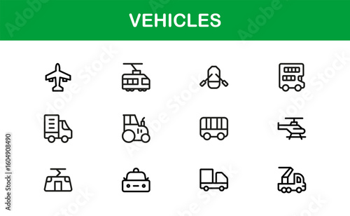Automotive Vehicles Modern Professional Line Icon Set – Premium Vector Collection Featuring Cars, Trucks, Motorbikes, EVs, Buses, and Transport Symbols