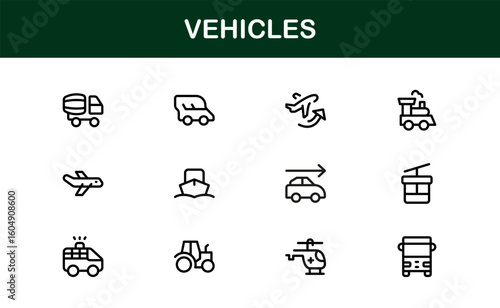 Automotive Vehicles Modern Professional Line Icon Set – Premium Vector Collection Featuring Cars, Trucks, Motorbikes, EVs, Buses, and Transport Symbols