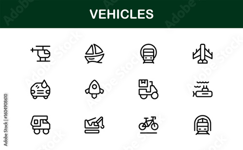Automotive Vehicles Modern Professional Line Icon Set – Premium Vector Collection Featuring Cars, Trucks, Motorbikes, EVs, Buses, and Transport Symbols