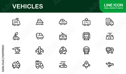Automotive Vehicles Modern Professional Line Icon Set – Premium Vector Collection Featuring Cars, Trucks, Motorbikes, EVs, Buses, and Transport Symbols
