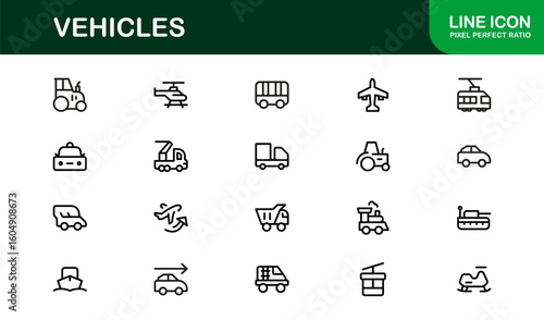 Automotive Vehicles Modern Professional Line Icon Set – Premium Vector Collection Featuring Cars, Trucks, Motorbikes, EVs, Buses, and Transport Symbols