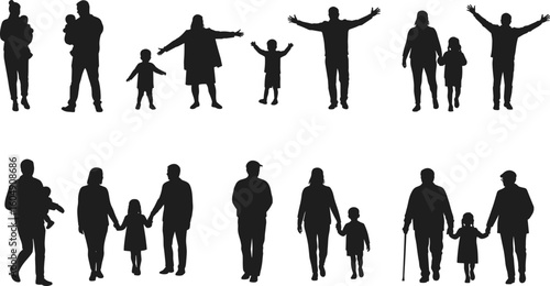 Silhouettes of diverse families walking, standing, grandparents with children, holding hands, bonding moments, generational love, unity concept, white background, vector