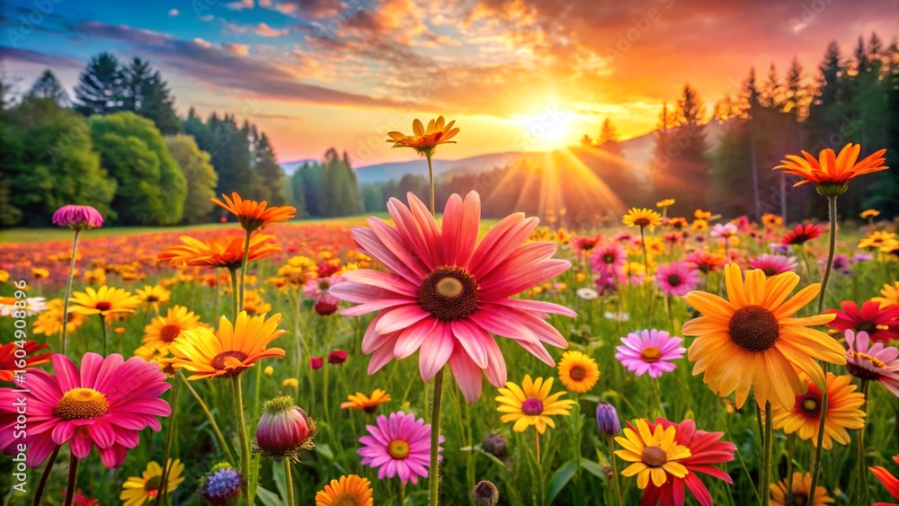 Fototapeta premium Vibrant blanket flowers in golden hour sunlight