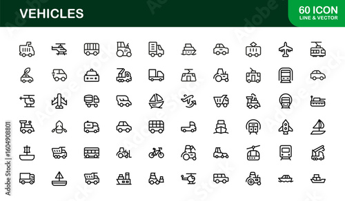 Automotive Vehicles Modern Professional Line Icon Set – Premium Vector Collection Featuring Cars, Trucks, Motorbikes, EVs, Buses, and Transport Symbols
