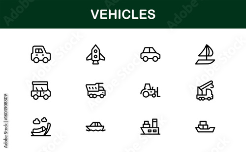 Automotive Vehicles Modern Professional Line Icon Set – Premium Vector Collection Featuring Cars, Trucks, Motorbikes, EVs, Buses, and Transport Symbols