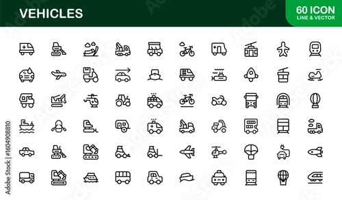 Automotive Vehicles Modern Professional Line Icon Set – Premium Vector Collection Featuring Cars, Trucks, Motorbikes, EVs, Buses, and Transport Symbols