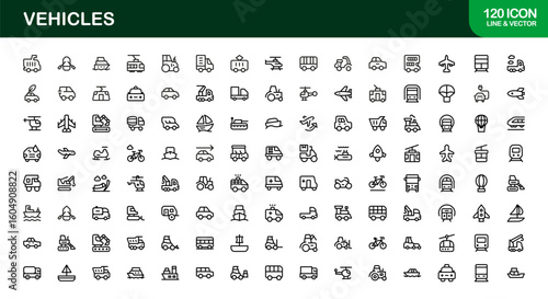 Automotive Vehicles Modern Professional Line Icon Set – Premium Vector Collection Featuring Cars, Trucks, Motorbikes, EVs, Buses, and Transport Symbols