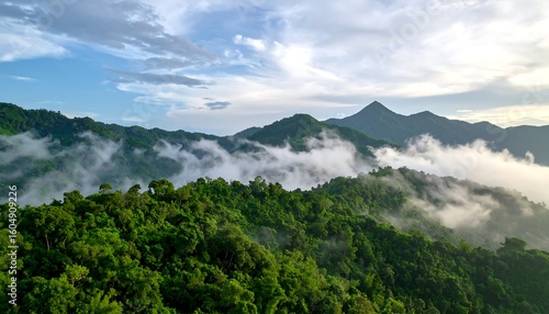 Lush green mountains shrouded in mist