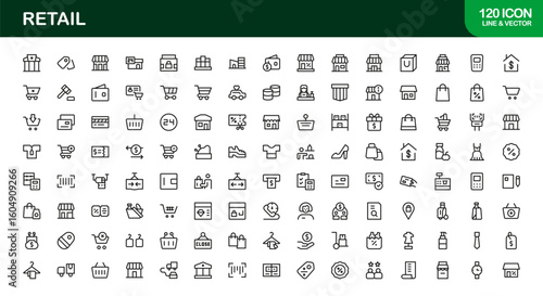 Retail Commerce Essentials Modern Line Icon Set – Symbols for Shopping, Storefronts, POS, Discounts, Delivery, Loyalty, Cart, Barcode, Payment and Ecommerce