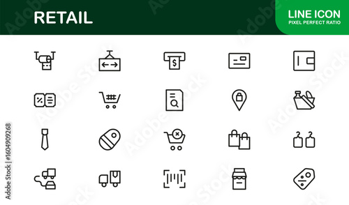 Retail Commerce Essentials Modern Line Icon Set – Symbols for Shopping, Storefronts, POS, Discounts, Delivery, Loyalty, Cart, Barcode, Payment and Ecommerce