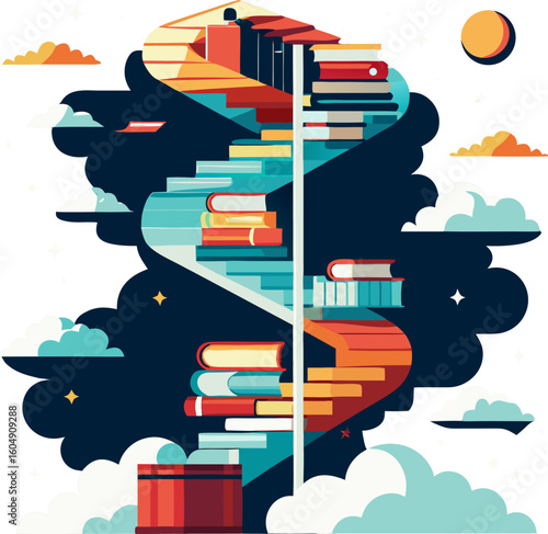Books stacked into a spiral staircase leading into the clouds or stars (books help you rise and explore).