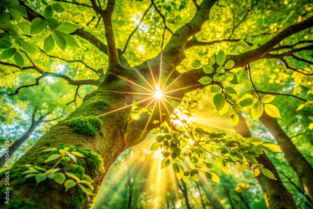 Fototapeta premium Sunbeams shining through the canopy of an ancient vibrant green forest