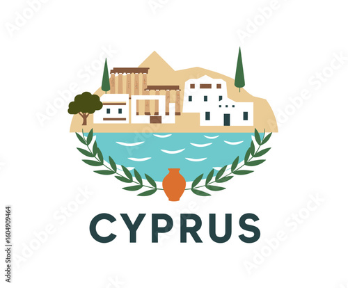 Minimal vector of Cyprus with ancient buildings, olive leaves, sea and clay pot in badge design