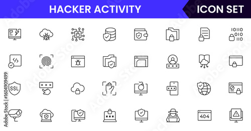Hacker activity vector line icons featuring shields, locks, firewalls, encryption, passwords, malware protection, surveillance, data safety, and secure networks.