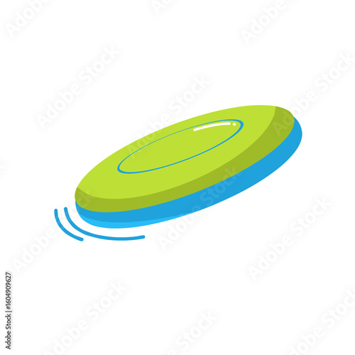 Flying frisbee disc in motion in green and blue colors isolated on transparent background