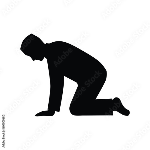 Man kneeling and looking down silhouette isolated on white background