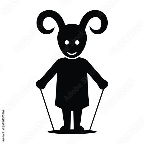 Silhouette of a child with horns skipping rope isolated on white background