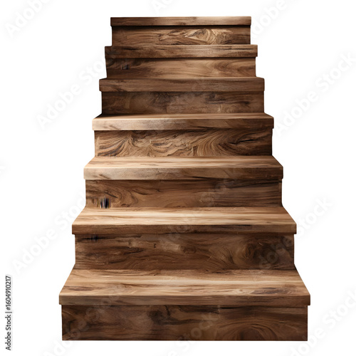 A frontfacing perspective of a solid wooden staircase, highlighting the rich grain and texture of each step, isolated on a transparent background