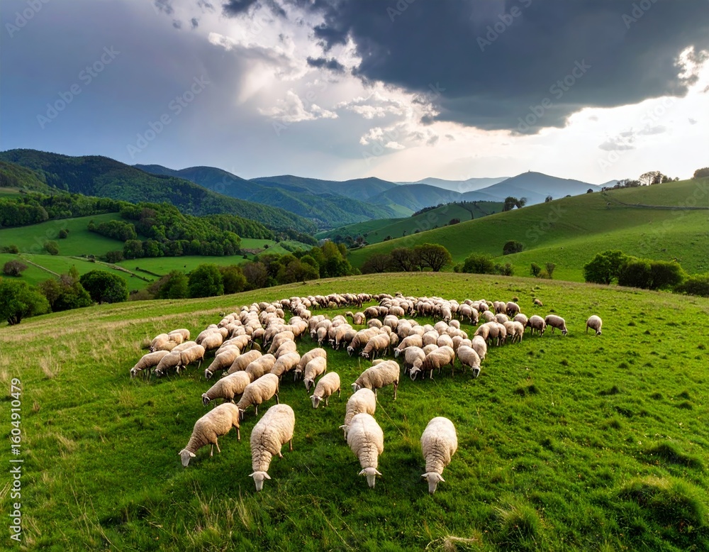 Fototapeta premium Flock of sheep grazing on green pasture in picturesque mountain valley