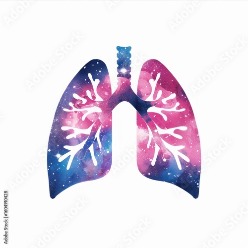 Artistic depiction of lungs with cosmic watercolor design