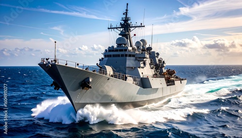 Modern warship sailing on choppy seas