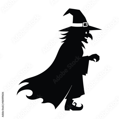 Silhouette of a witch in a pointed hat and cloak isolated on white background silhouette