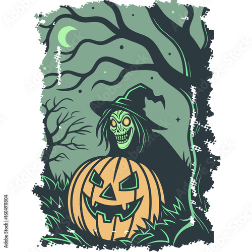 A spooky illustration of a witch peering from behind a carved jack-o'-lantern in a dark forest.