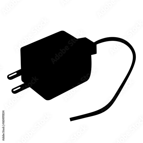 A Simple Black Silhouette of a Wall Charger with Cable, isolated on white
