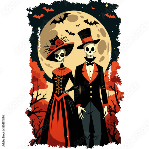 A stylish skeleton couple in formal Victorian attire poses before a large, spooky full moon with flying bats.
