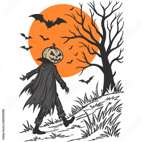 A spooky Halloween illustration featuring a headless horseman with a jack-o'-lantern head walking up a grassy hill under a large orange moon with bats flying around a bare tree.